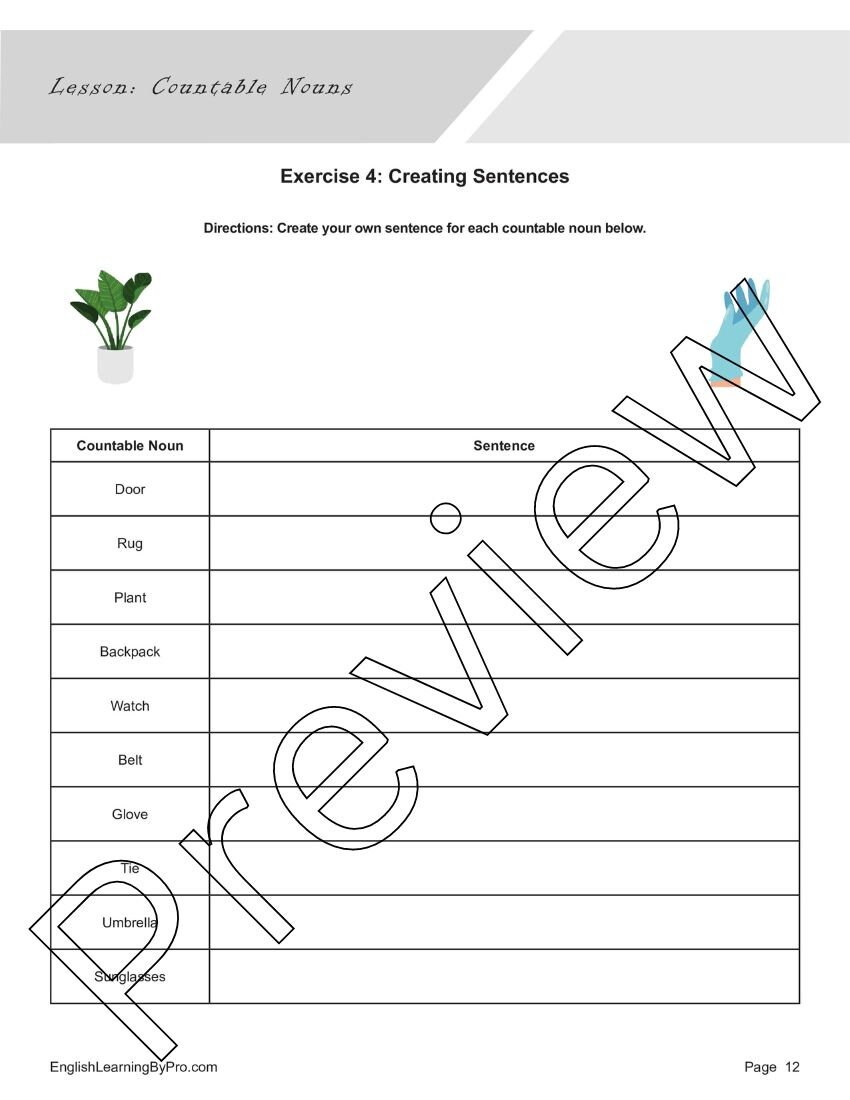 Countable Nouns Lesson: Introduction + 4 Worksheets (editable, Fillable ...