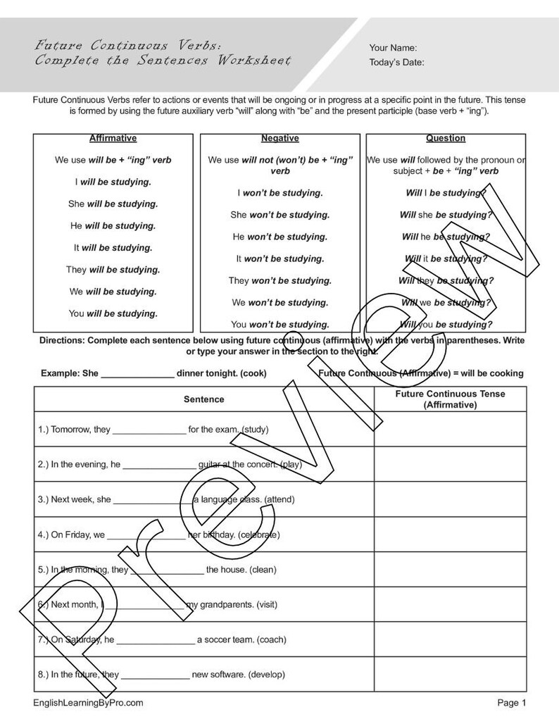 Future Continuous Verbs Worksheets Bundle for English Learners and ...