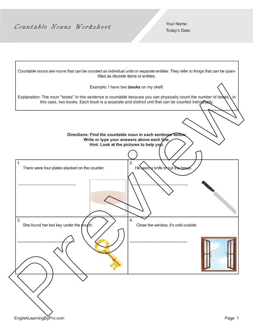 Countable Nouns Worksheets Bundle for English Learners and English ...