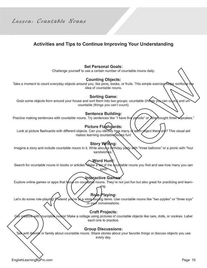 Countable Nouns Lesson: Introduction + 4 Worksheets (editable, Fillable ...
