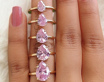 Pear Pink Tourmaline Engagement Ring, Pear Cut CZ Ring, Sterling Silver Promise Ring, Teardrop Solitaire Ring, Pear Pink Cz Ring , LL363