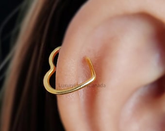 Fake Heart Helix Ring Fake Piercing Silver Yellow Gold Cuff minimalist-style earring 14K Yellow Gold Ear Wrap Cuff Gift For Her LL540