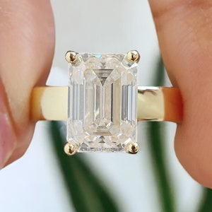 3.00 CT Emerald Cut Moissanite Engagement Wedding Ring Emerald Wide Band Emerald Hidden Halo Ring Stack Ring Anniversary Ring For Her LL237
