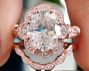 Oval Cut Moissanite Engagement Ring Set 2.40 CT Colorless Oval vintage style Halo Set Wedding Ring For Women Anniversary Bridal Ring LL298