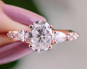 Oval Cut Moissanite Engagement Ring Stacking ring 14K/18K Rose Gold vintage Unique Pear Diamond Cluster Ring Women Wedding Bridal Ring LL44