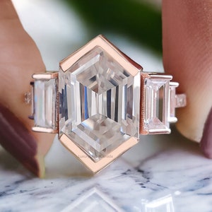 Hexagon Moissanite Engagement Ring Unique Rose Gold Engagement Ring Baguette Ring Bezel Set Art Deco Bridal Promise Anniversary Gift LL85