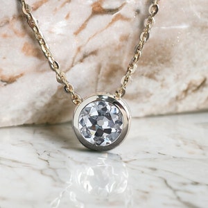 1 Carat Round Old European Cut Moissanite Lab Grown Bezel Floating Pendant Necklace With Chain 14k Yellow Gold Wedding Gift For Her LL151