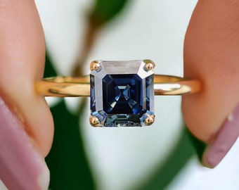 Amazing 1.20 CT Royal Blue Asscher Moissanite Solitaire Engagement Ring Dainty Solid Yellow Gold Wedding Ring Anniversary Gift for Her LL187