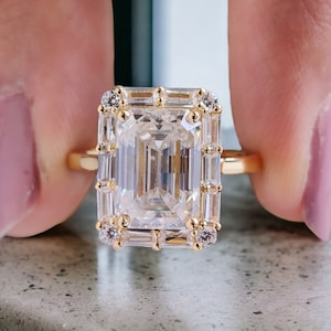 3.00 CT Emerald Cut Colorless Moissanite Engagement Ring Side Baguette Moissanite Wedding Ring Anniversary Gift For Her Handmade Ring LL163