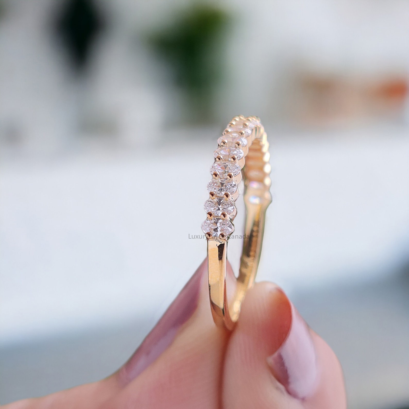 Oval Cut Moissanite Wedding Band Women Yellow Gold Unique Half Eternity ...