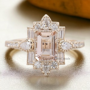 0.85 CT Emerald Cut Vintage Morganite Engagement Ring Baguette wedding ring Unique art deco ring Pear halo ring Starburst ring For Her LL305