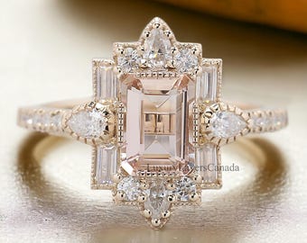 0.85 CT Emerald Cut Vintage Morganite Engagement Ring Baguette wedding ring Unique art deco ring Pear halo ring Starburst ring For Her LL305