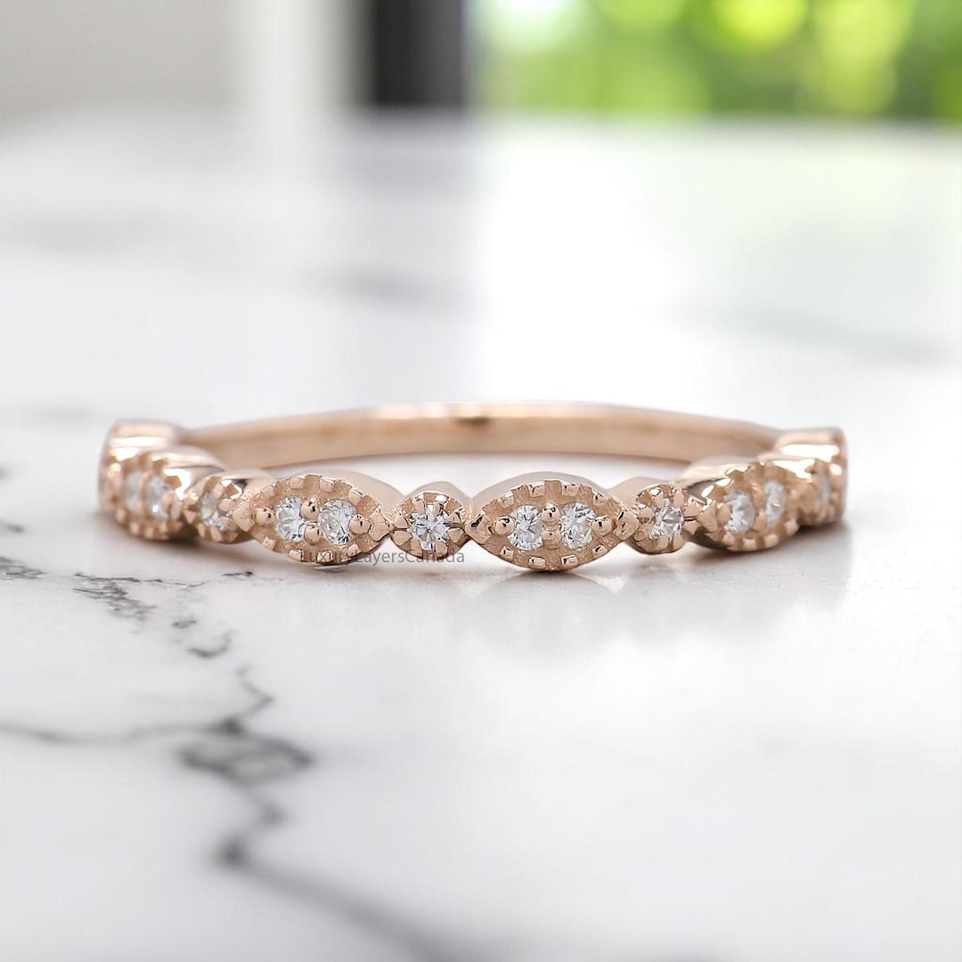 14k Solid Gold 0.12 CT Diamond Wedding Band Half Eternity Minimalist ...