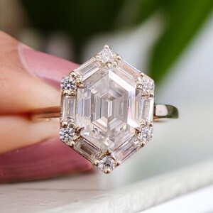 2.35 CT Hexagon Cut Moissanite Engagement Ring with Side Baguette Moissanite Ring Yellow Gold Ring Bridal Anniversary Gift For Her LL332