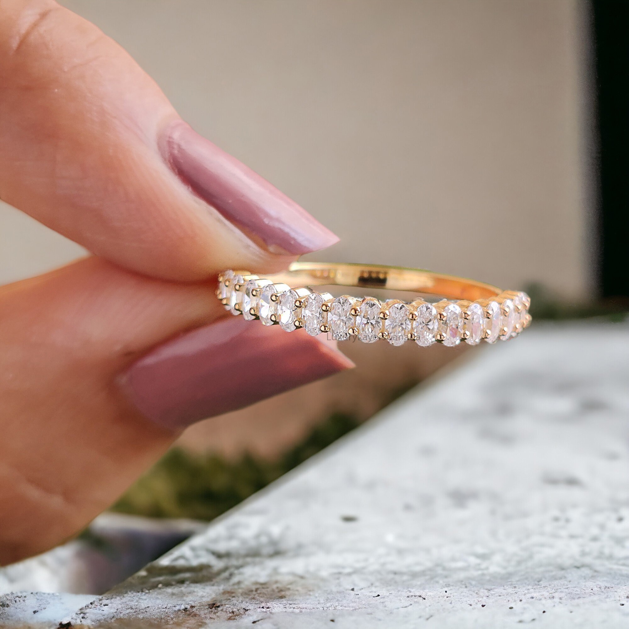 Oval Cut Moissanite Wedding Band Women Yellow Gold Unique Half Eternity ...
