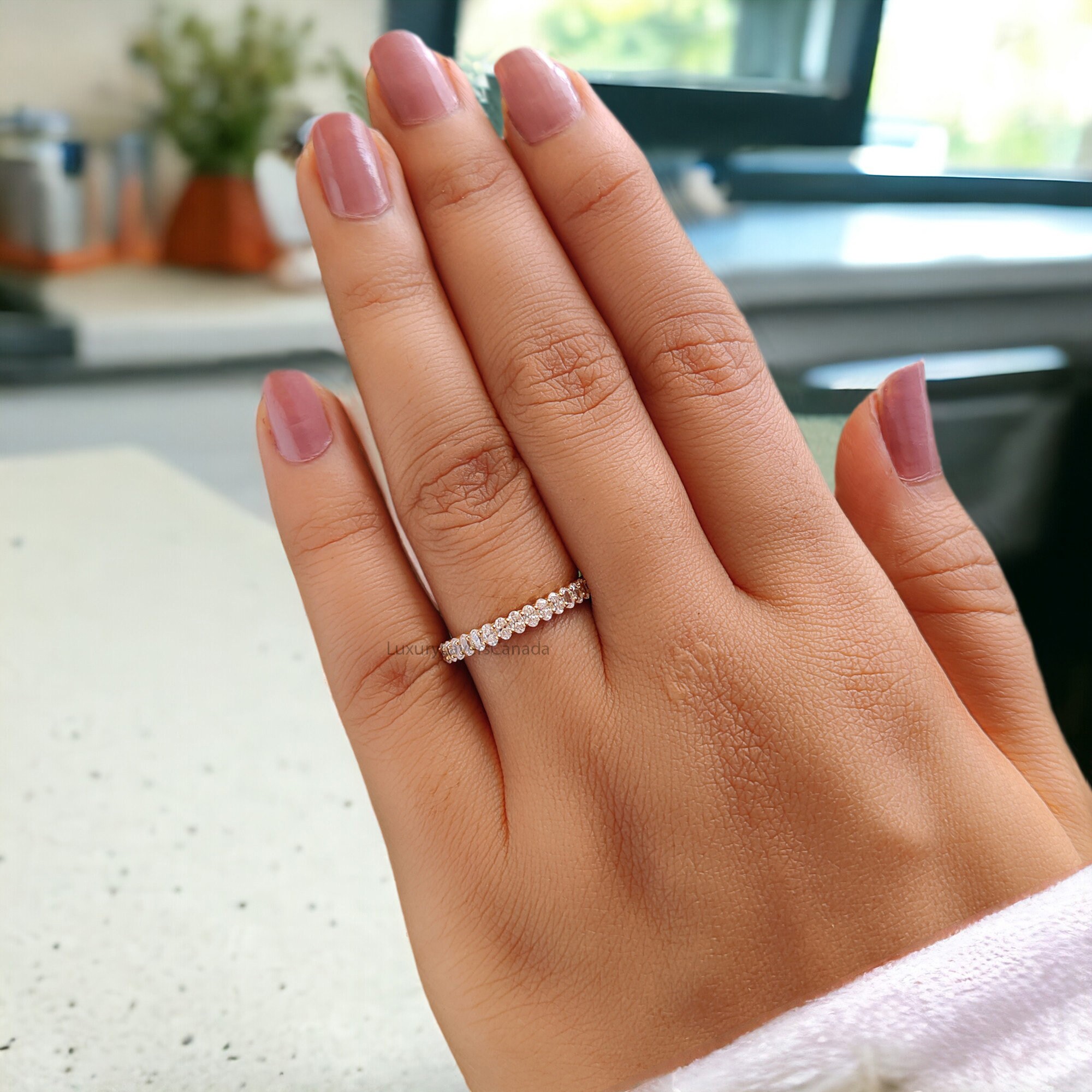 Oval Cut Moissanite Wedding Band Women Yellow Gold Unique Half Eternity ...