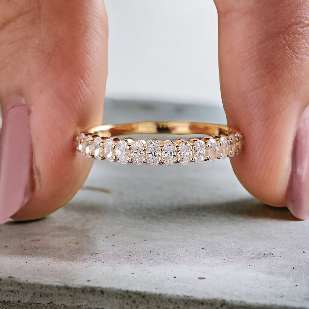 Oval Cut Moissanite Wedding Band Women Yellow Gold Unique Half Eternity ...
