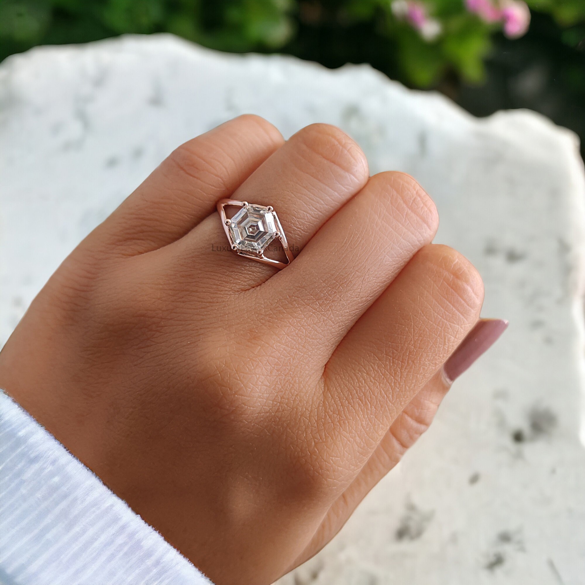 Step Cut Riing 1.65 CT Hexagon Step Cut Colorless Moissanite Engagement Ring Six Round ...