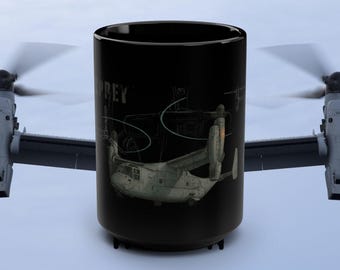 USMC V22 Osprey Black Mug, 15oz - Military Gift, Customizable Coffee Cup, Aviation Enthusiast Mug, Veteran Appreciation, Military Home Decor