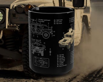 Military Humvee Blueprint Mug, 15oz Coffee Cup featuring Humvee Specs, Military Gift, Veteran Appreciation, Outdoor Adventure