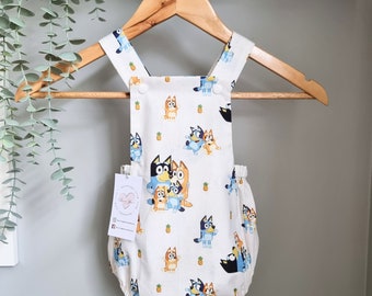 Handmade Bluey Baby Overall Romper, Bluey Baby Romper, Bluey Romper, 1st Birthday Romper, Baby Shower, Baby Girl, Baby Boy, Unisex Romper