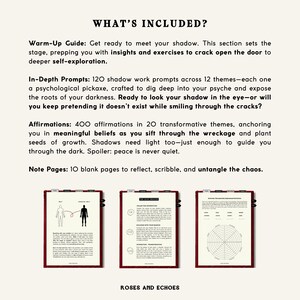 May include: A book cover with the title "What's Included?" and a list of the contents of the book, including a warm-up guide, in-depth prompts, affirmations, and note pages. The book cover is black with white text and a red border.