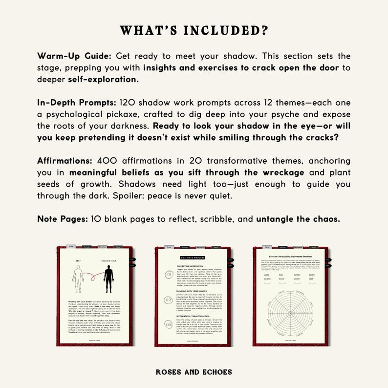 May include: A book cover with the title "What's Included?" and a list of the contents of the book, including a warm-up guide, in-depth prompts, affirmations, and note pages. The book cover is black with white text and a red border.