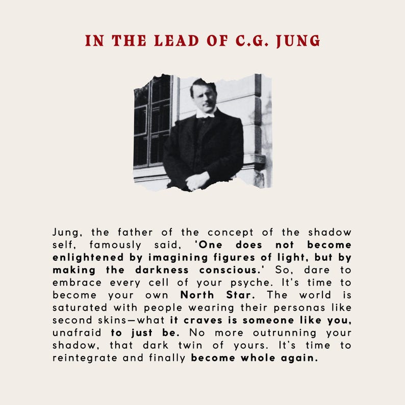 May include: A black and white photo of Carl Jung, a Swiss psychiatrist and psychoanalyst, with a quote about the shadow self. The quote reads, "One does not become enlightened by imagining figures of light, but by making the darkness conscious."