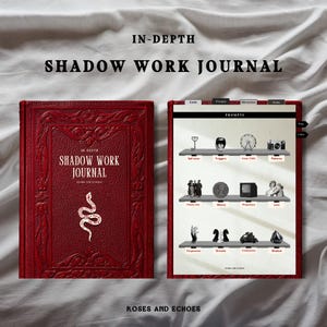 May include: A red journal with gold lettering that says "In-Depth Shadow Work Journal" and a snake illustration. The journal is open to reveal a page with the title "Prompts" and a grid of images representing different shadow work prompts.