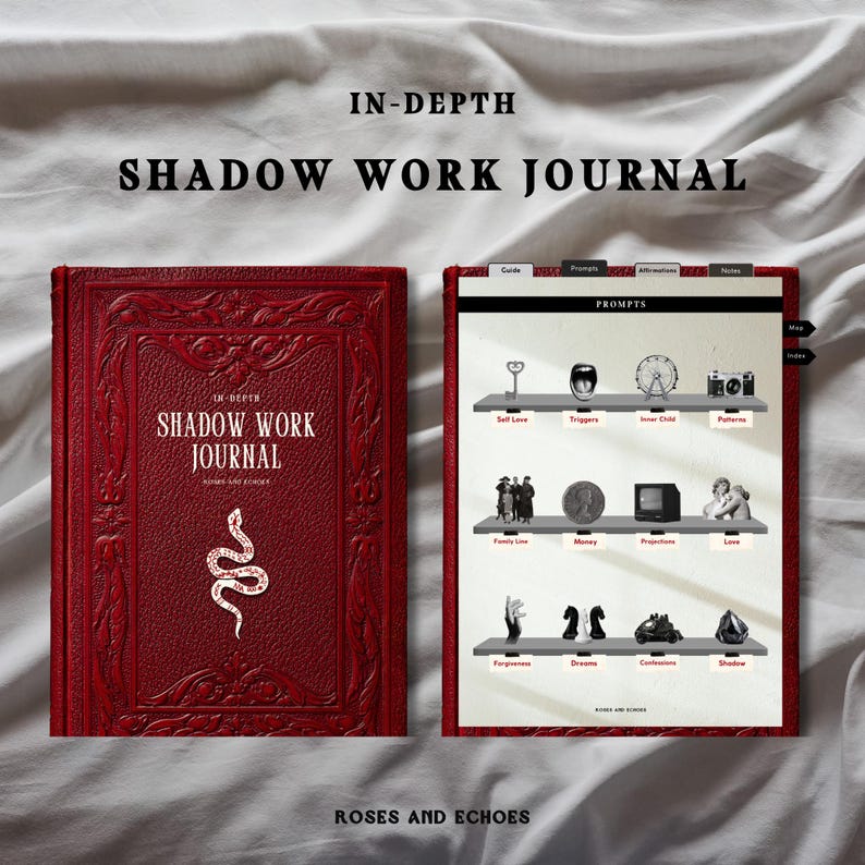 May include: A red journal with gold lettering that says "In-Depth Shadow Work Journal" and a snake illustration. The journal is open to reveal a page with the title "Prompts" and a grid of images representing different shadow work prompts.