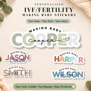May include: Personalized IVF/fertility making baby stickers featuring names like Cooper, Jason Smith, Harper, Smith, and Wilson in various colors and fonts. The text reads Personalized IVF/FERTILITY MAKING BABY STICKERS and Making Baby above each name.