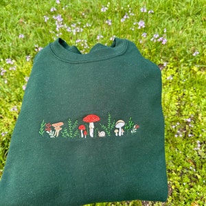 Embroidered Mushroom Sweatshirt | Botany Embroidered Sweatshirt | Cottage Core Embroidery T-shirt | Embroidered Mushroom Crewneck