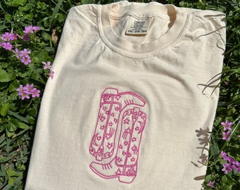 Cowgirl Boots Embroidered Comfort Colors Shirt, Cowgirl Boots Embroidered Crewneck, Cowboy Boots Embroidered T-Shirt, Cowboy Embroidered Tee