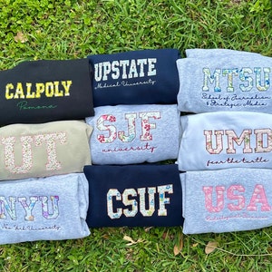 Custom College Applique Embroidered Sweatshirt, Custom College Crewneck, Personalizable University/College Sweatshirt, Embroidery College