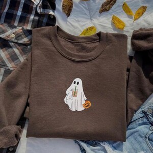 Ghost with Coffee Embroidered Sweatshirt, Halloween Embroidered Sweatshirt, Cute Ghost Shirt, Cute Halloween Sweatshirt, Halloween Crewneck