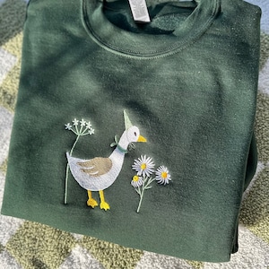 Cute Embroidered Duck Sweatshirt, Funny Sweatshirt, Goose and Daisy Embroidered Crewneck, Animal Lover Gift, Silly Goose Shirt