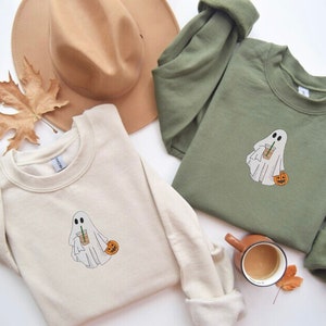 Ghost with Coffee Embroidered Sweatshirt, Halloween Embroidered Sweatshirt, Cute Ghost Shirt, Cute Halloween Sweatshirt, Halloween Crewneck
