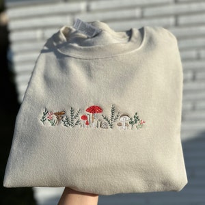 Embroidered Mushroom Sweatshirt | Botany Embroidered Sweatshirt | Cottage Core Embroidery T-shirt | Embroidered Mushroom Crewneck
