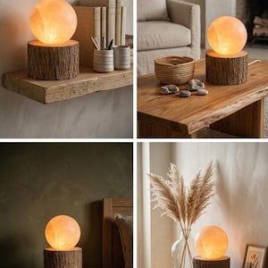 May include: A glowing, spherical lamp with a warm, orange hue sits atop a cylindrical, textured wooden base. The lamp is displayed in various interior settings, showcasing its design and ambient lighting. The base appears to be made from a section of a tree trunk.
