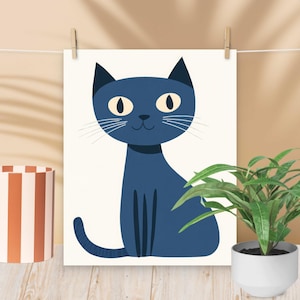 Poster minimalista con gatto blu • Poster moderno per la decorazione della camera da letto o del soggiorno dei bambini • Illustrazione elegante di un felino • Arte murale di design con animali