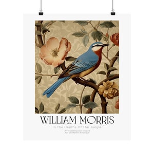Botanical Bird Wall Art, William Morris Inspired, Vintage Floral Decor, Blue Bird Matte Vertical Poster
