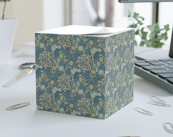 Blue and Yellow Floral Sticky Note Cube, Beautiful Botanical William Morris Design