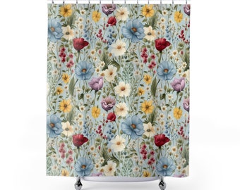 Blue Wildflower Boho Shower Curtain, Great for a Bathroom Refresh and a Beautiful Housewarming Gift for Family and Friends