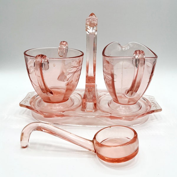 Vintage Rose Glass Creamer and Sugar Bowl with Spoon