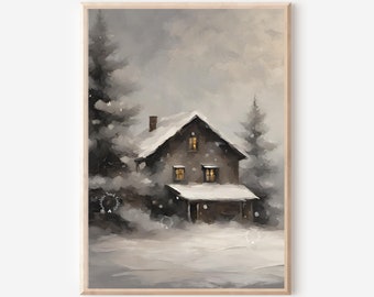 PRINTABLE Winter Country Farmhouse, Winter Wonderland Landscape Wall Art, Rustic Oil Painting, Digital Downloads Vintage Cottage Print