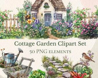 Cottage Garden Watercolor Clipart, Floral Houses & Botanical PNG Elements, Pastel Garden Clipart Set, Spring Floral PNG Bundle