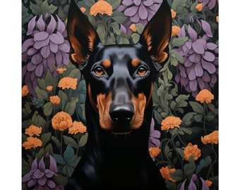 Puede incluir: Un perro Doberman negro con marcas marrones mira directamente a la cámara. El perro está rodeado de un fondo de flores moradas y naranjas.