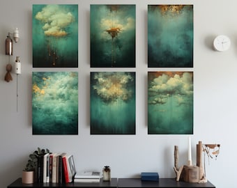 Serene Aqua Clouds - Triptych Abstract Art, Teal Gold Wall Decor Digital Download