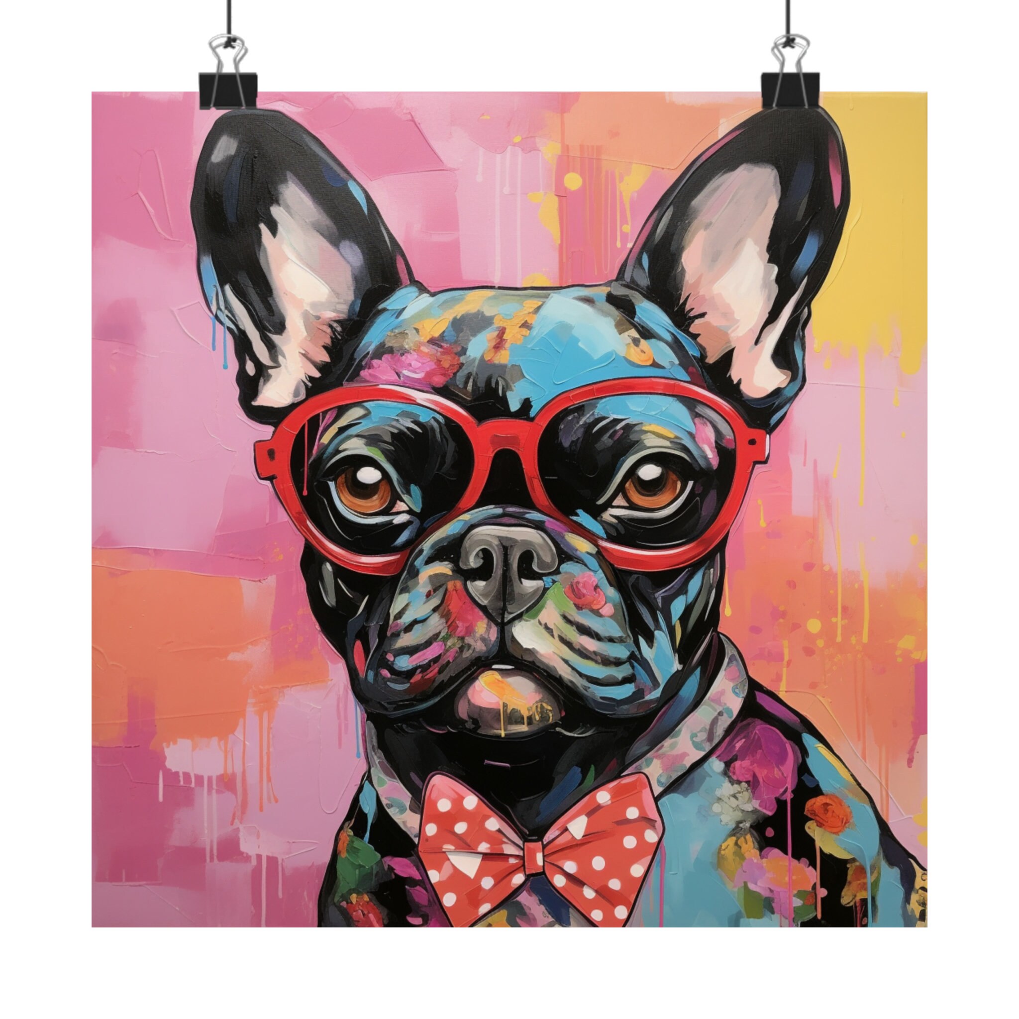 赤いメガネをかけたシックなフレンチブルドッグ - 鮮やかなポップ