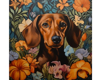Dachshund Floral Art Print, Wiener Dog Pet Portrait